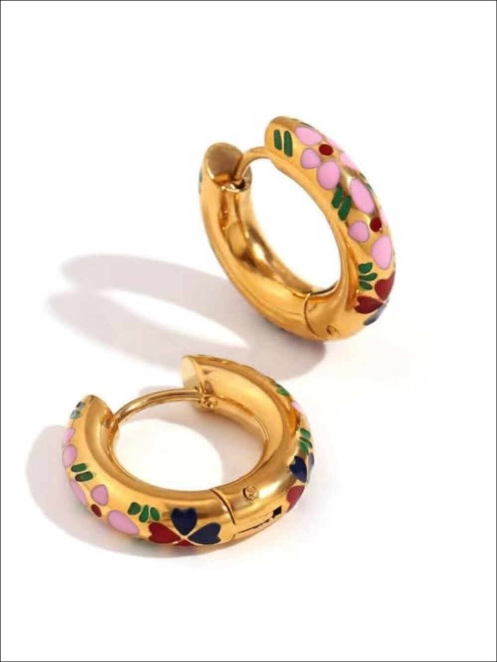 18K Gold Plated Huggie Hoop Earrings Hand-Painted Floral Enamel 18mm